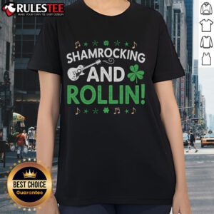 Funny St. Patrick's Day guitar ladies tee featuring a shamrock design for festive celebrations.