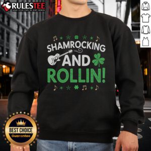Funny St. Patrick's Day sweatshirt with guitar and shamrock design, perfect for celebrating in style.