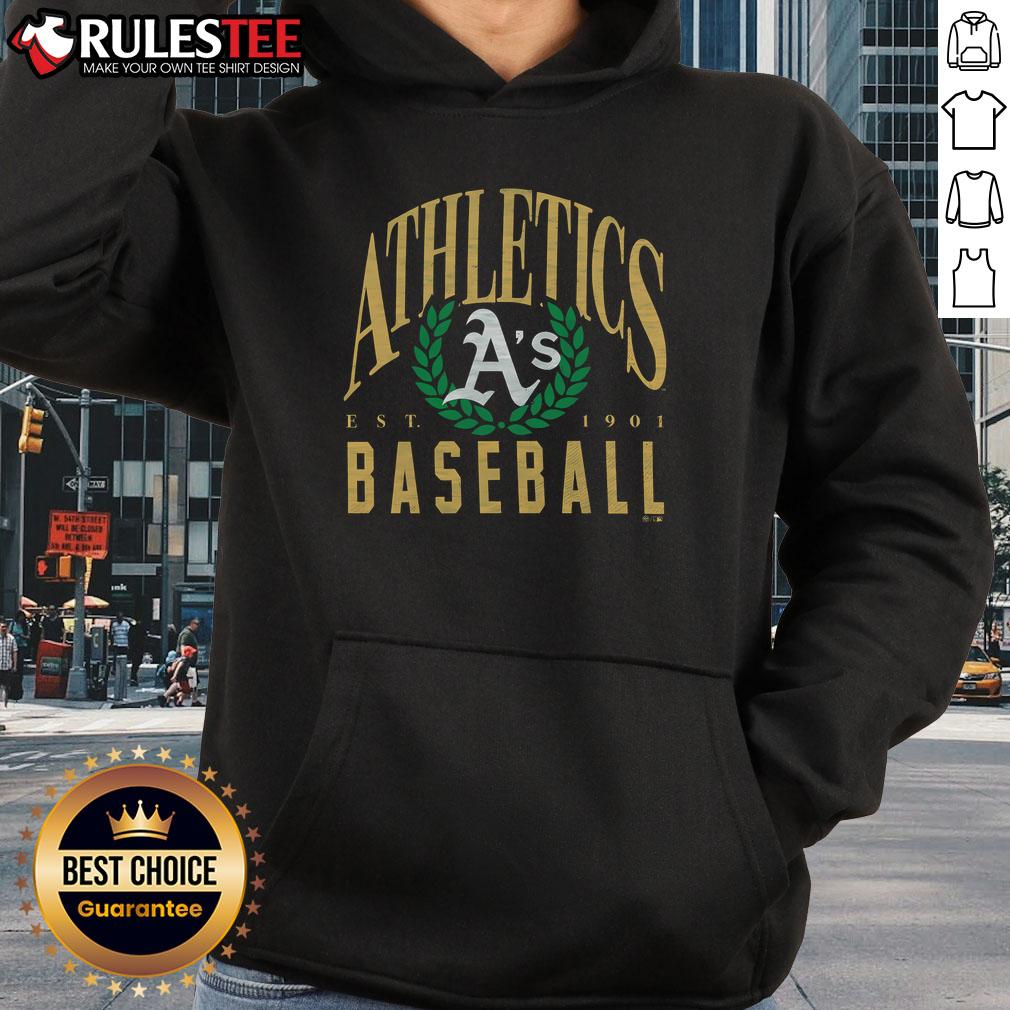 Official Athletics Baseball Pitchout Est. 1901 Hoodie featuring vintage design and vibrant team colors.