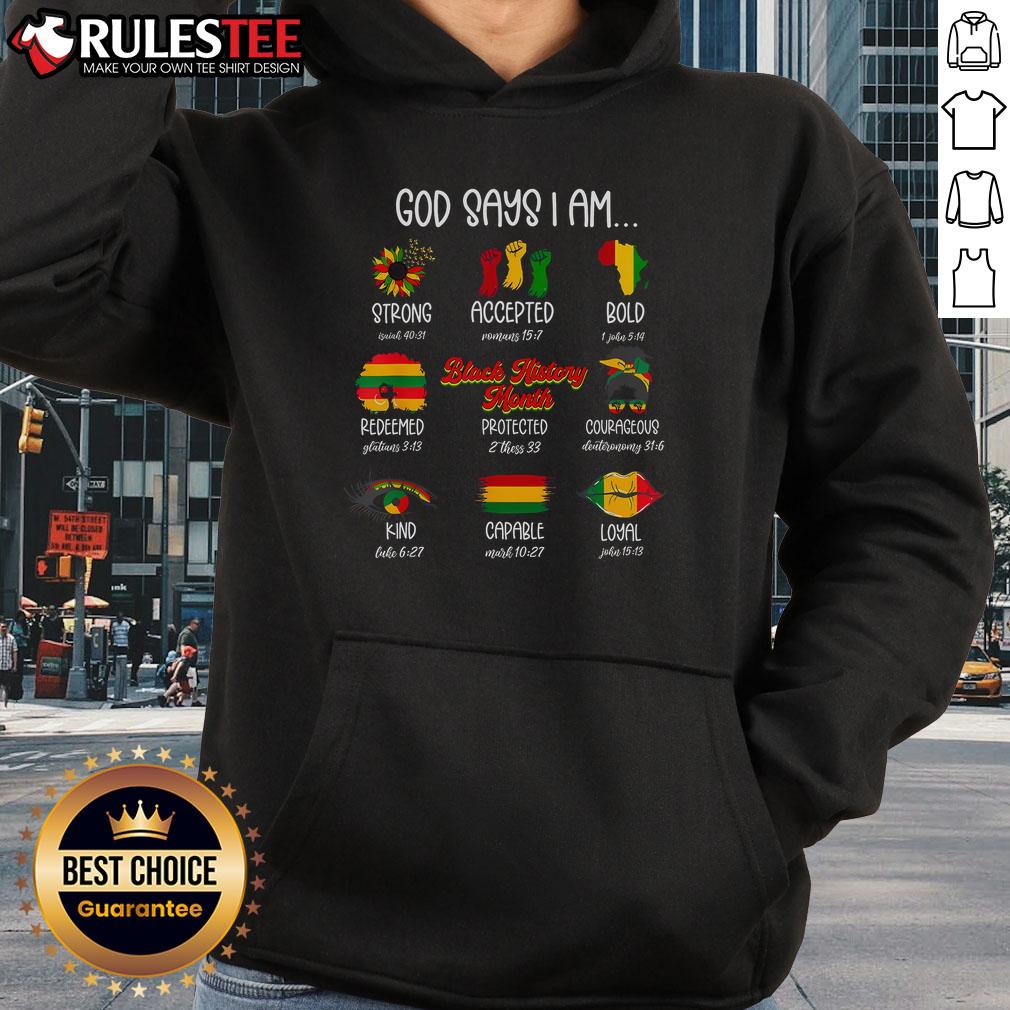 Black African hoodie with 'Top God Says I Am Strong' graphic, featuring bold affirmations of strength and courage.