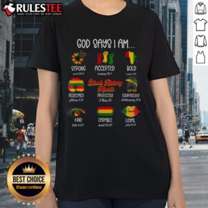 Empowered African ladies wearing 'Top God Says I Am Strong' tee, celebrating strength and courage in vibrant colors.