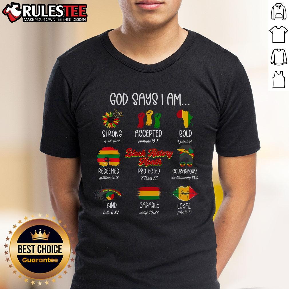 Alt Text: African T-Shirt featuring 'Top God Says I Am Strong' design, celebrating strength, courage, and loyalty.