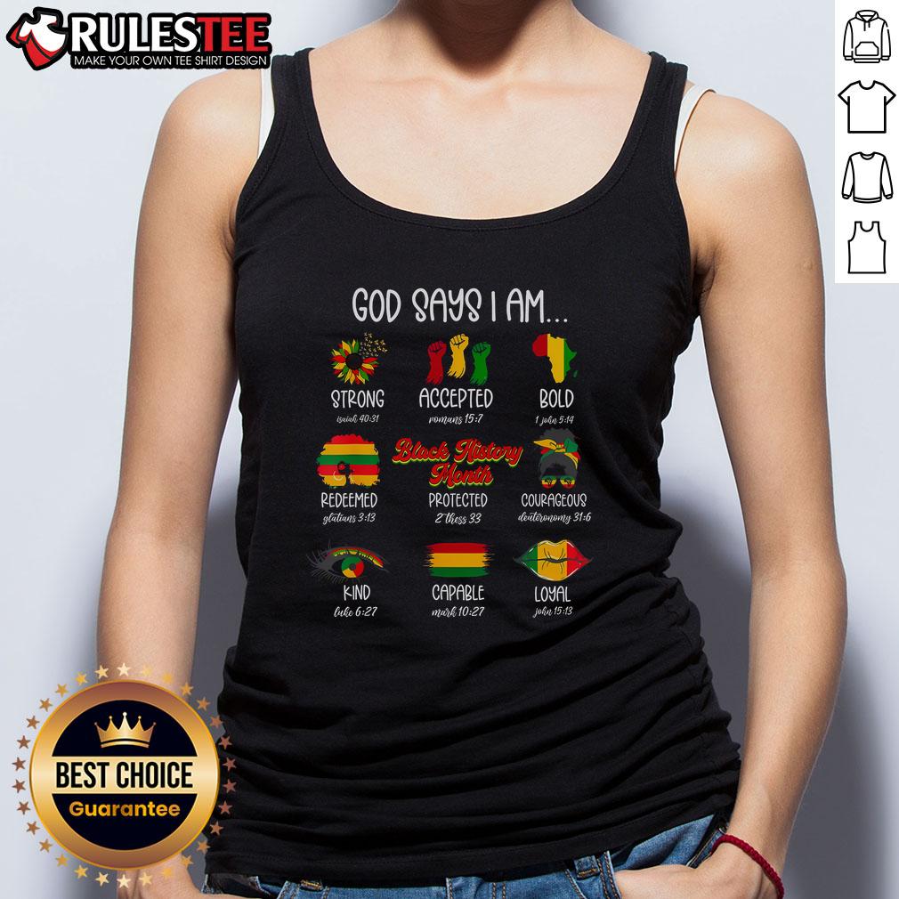 Bold African tank top featuring 'Top God Says I Am Strong' design, celebrating strength, courage, and loyalty.