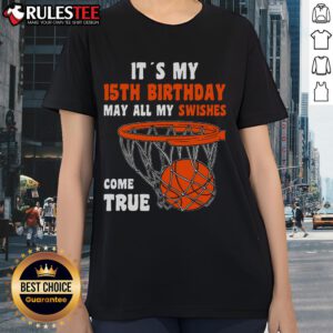 Happy 15-year-old girl celebrating her 15th birthday in a stylish basketball-themed ladies tee.
