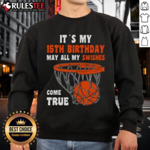 Happy 15-year-old wearing a basketball-themed sweatshirt for a fun 15th birthday celebration.