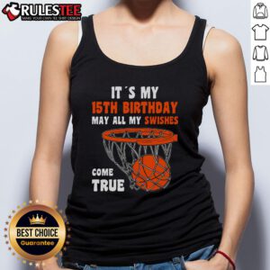 Happy 15-year-old wearing a basketball-themed tank top at a vibrant 15th birthday celebration.