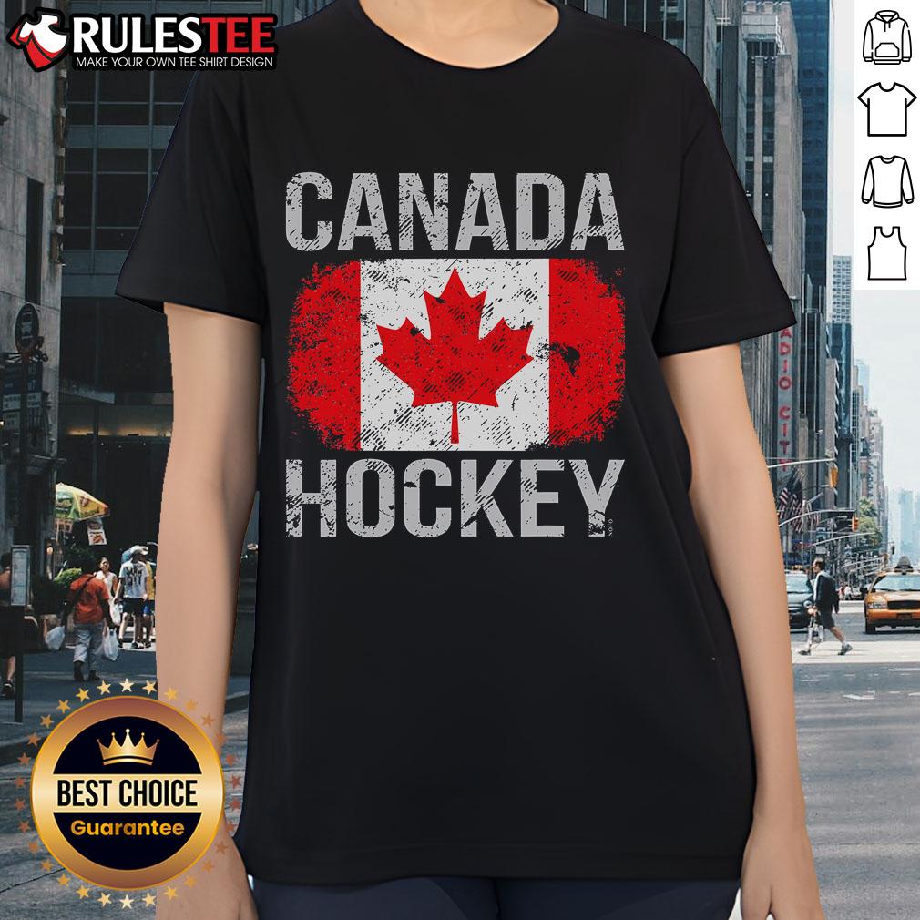 Awesome Canada Hockey Ladies Tee featuring the Canadian flag, perfect for hockey fans celebrating Canadian pride.