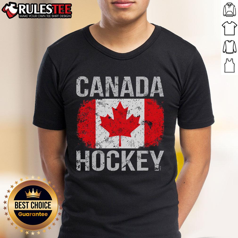 Awesome Canada Hockey T-Shirt featuring the Canadian flag design, perfect for hockey fans and patriotic Canadians.