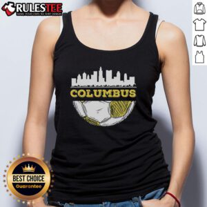 Awesome Columbus skyline with a soccer lover wearing a tank top, showcasing city pride and sports enthusiasm.
