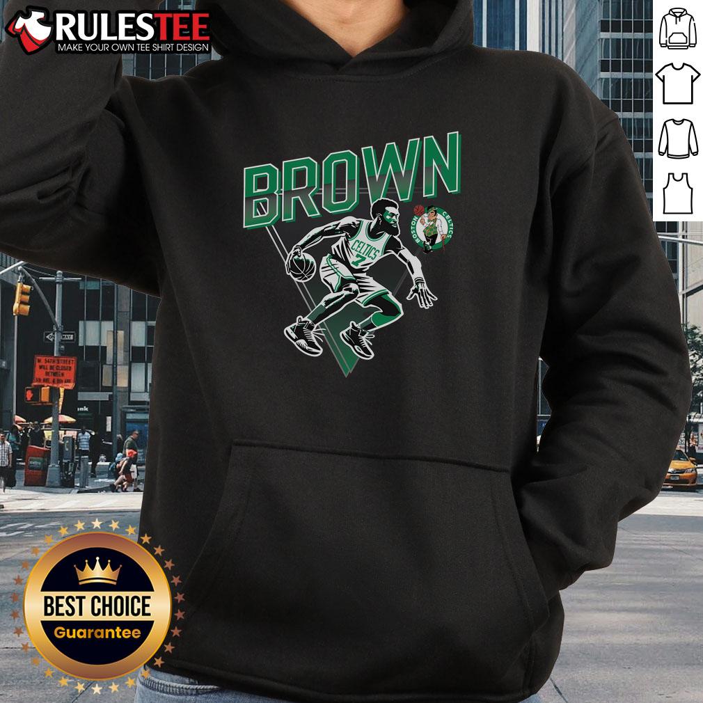 Jaylen Brown wearing an Awesome DraftKings x NBPA hoodie, showcasing style and team spirit in sports apparel.
