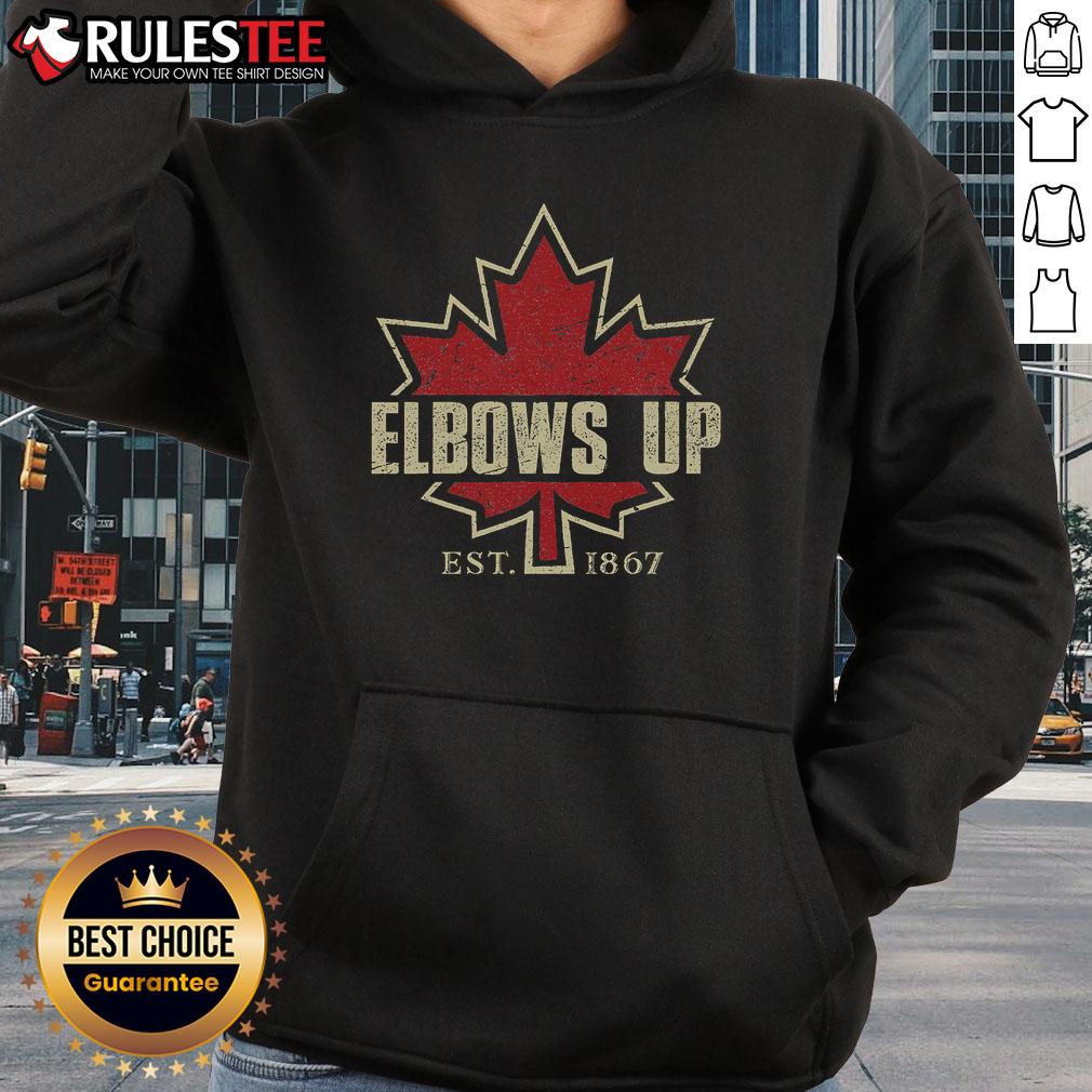 Awesome Elbows Up Canada hoodie featuring 'True North Strong & Free' design, established 1867, perfect for Canadian pride.