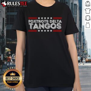 Alt Text: Patriotic ladies tee featuring funny foxtrots and delta tangos design, perfect for dance enthusiasts and proud Americans.