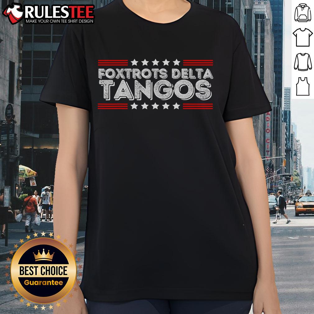 Alt Text: Patriotic ladies tee featuring funny foxtrots and delta tangos design, perfect for dance enthusiasts and proud Americans.