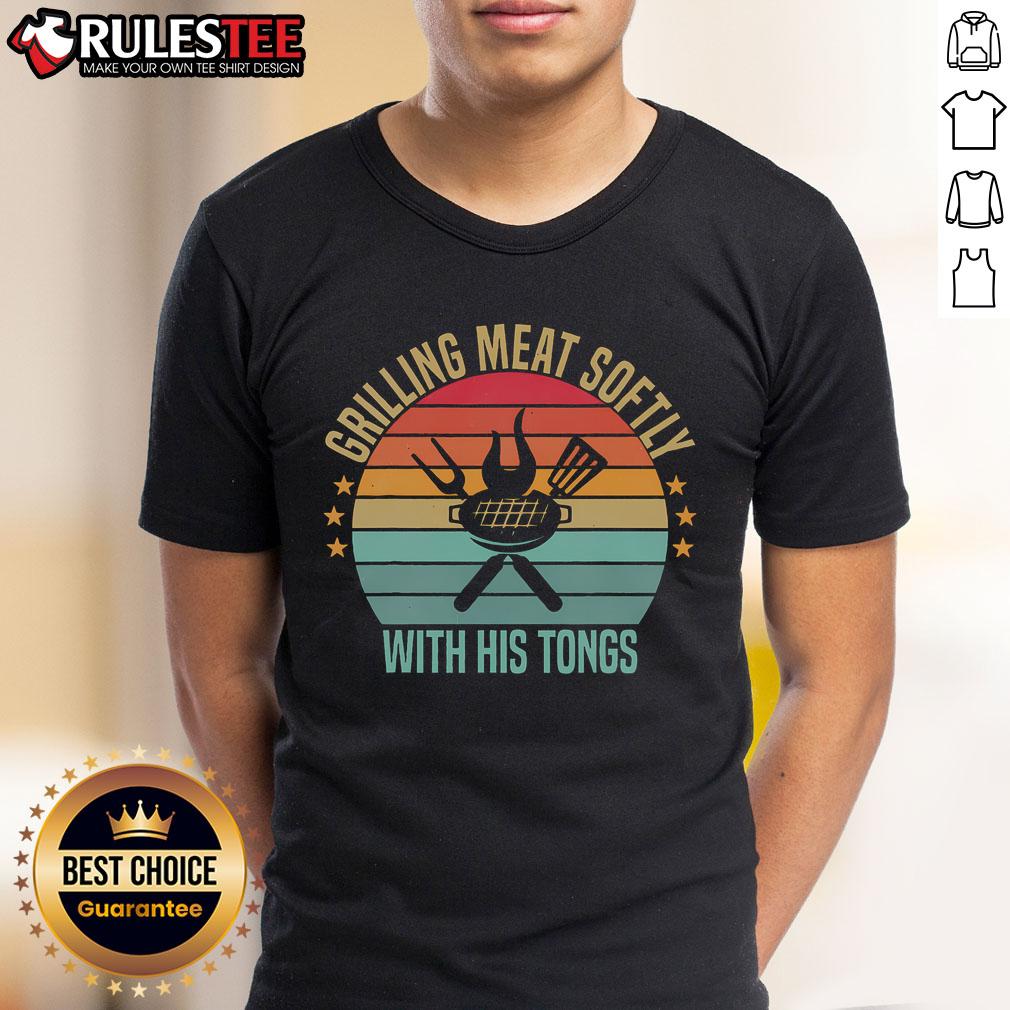 Vintage barbecue t-shirt featuring awesome grilling meat with tongs, perfect for barbecue lovers and grilling enthusiasts.