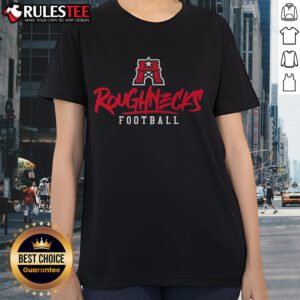 Stylized text design on a ladies tee featuring the Awesome Houston Roughnecks logo and colors.