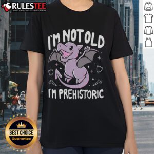 Cute dragon graphic on a ladies tee with the phrase I'm not old, I'm prehistoric for fun, stylish apparel.