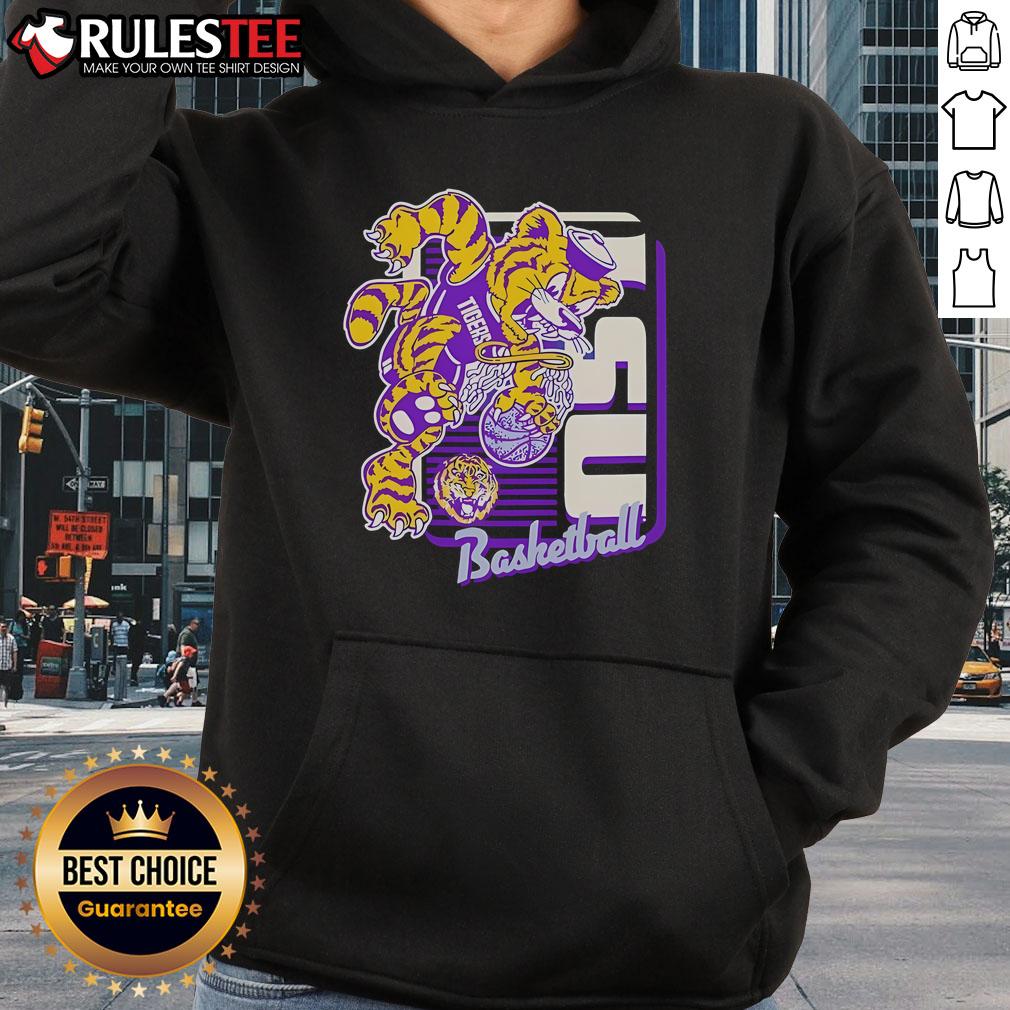 Alt Text: Awesome LSU Tigers basketball mascot performing a slam dunk while wearing a stylish hoodie.