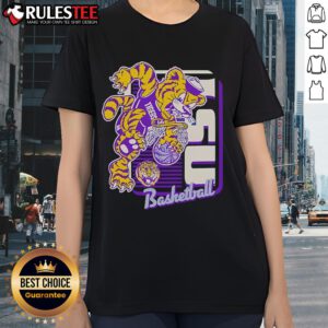 Awesome LSU Tigers basketball mascot performing a dunk on a ladies tee, showcasing team spirit and athleticism.