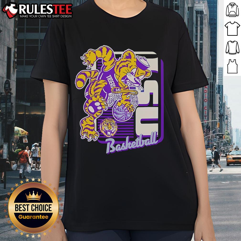 Awesome LSU Tigers basketball mascot performing a dunk on a ladies tee, showcasing team spirit and athleticism.