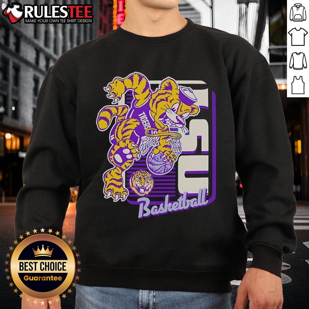 LSU Tigers basketball mascot performing a dunk in a vibrant sweatshirt, showcasing team spirit and excitement.