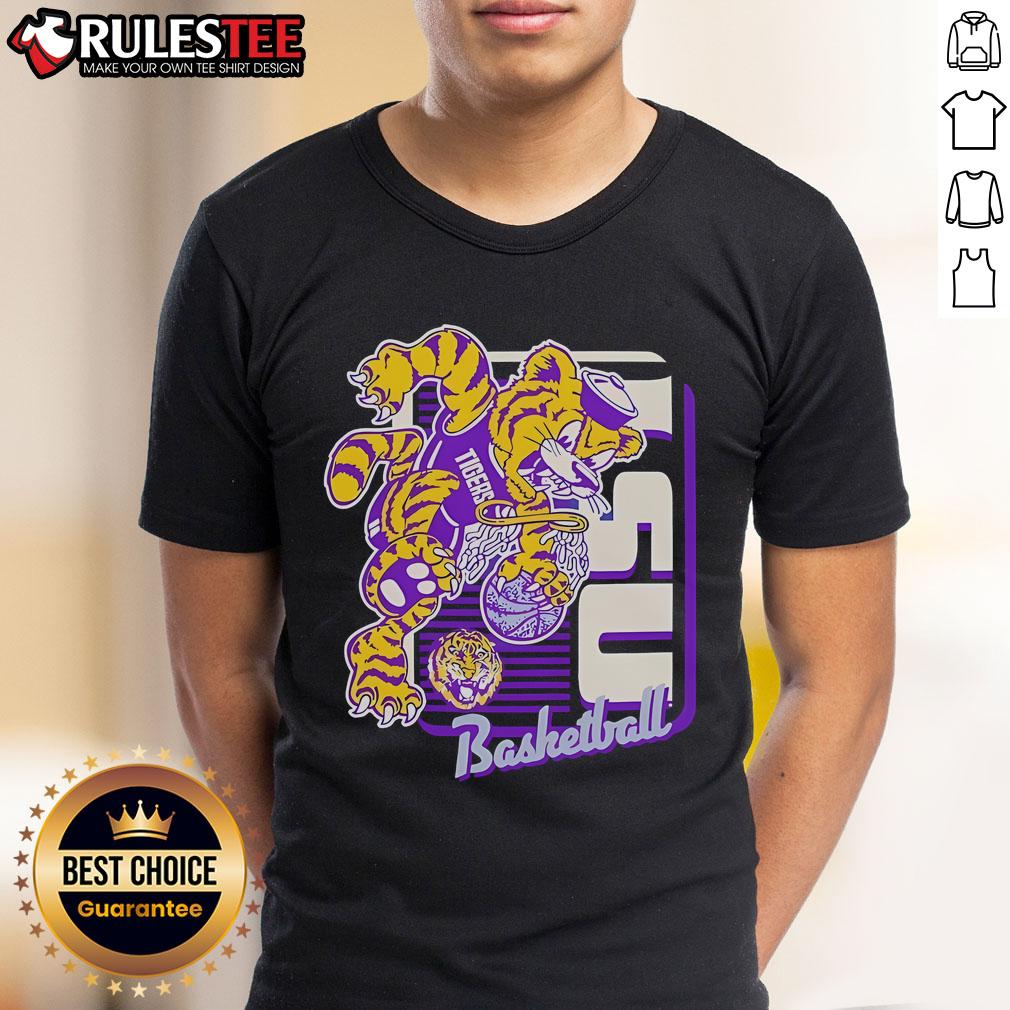 Awesome LSU Tigers basketball mascot performing a slam dunk on a vibrant T-shirt design, perfect for fans and sports enthusiasts.