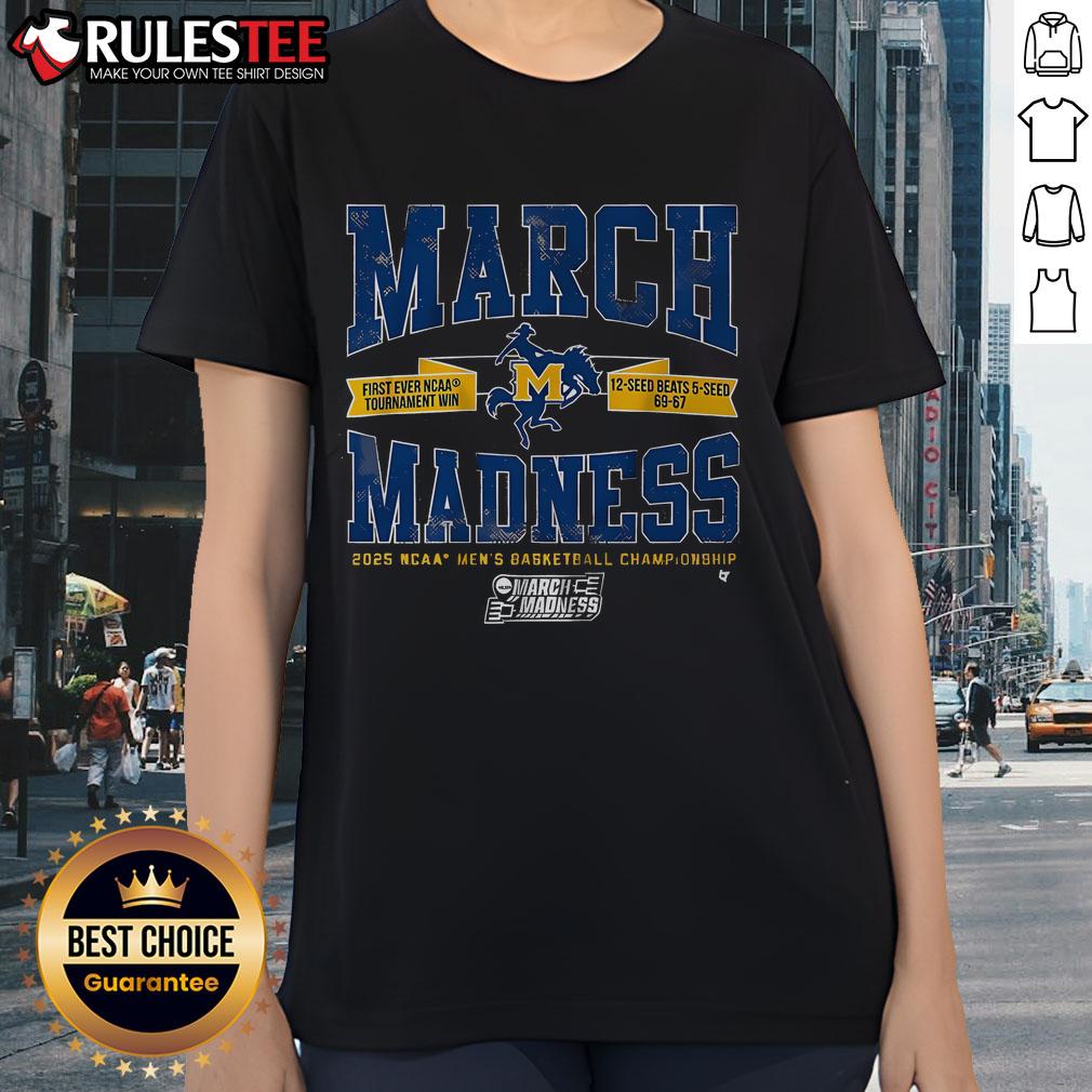 Awesome McNeese State Basketball March Madness Upset Ladies Tee featuring vibrant design and team colors for fans.