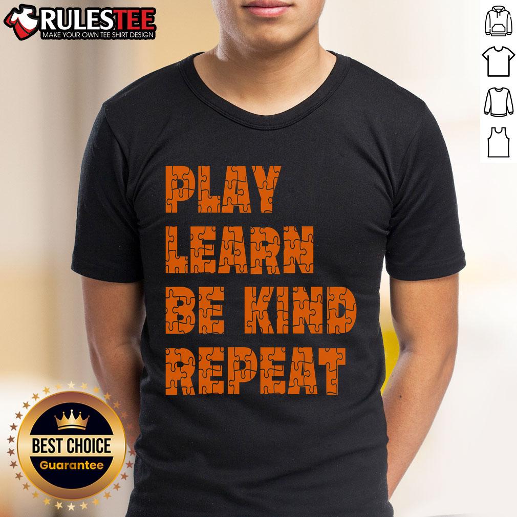 Alt Text: Orange Autism Awareness Unity Day T-Shirt featuring 'Awesome Play Learn Be Kind Repeat' design for support and inclusivity.