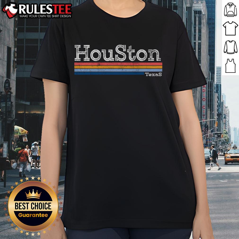 Awesome retro vintage 80s style Houston Texas logo ladies tee in vibrant colors, perfect for nostalgic fashion lovers.