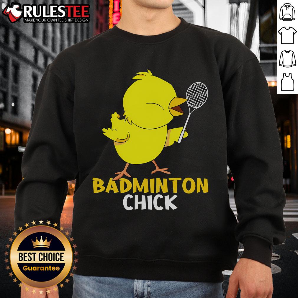 Alt Text: Cute badminton chick sweatshirt featuring a playful chicken birdie design, perfect for sports and animal lovers.