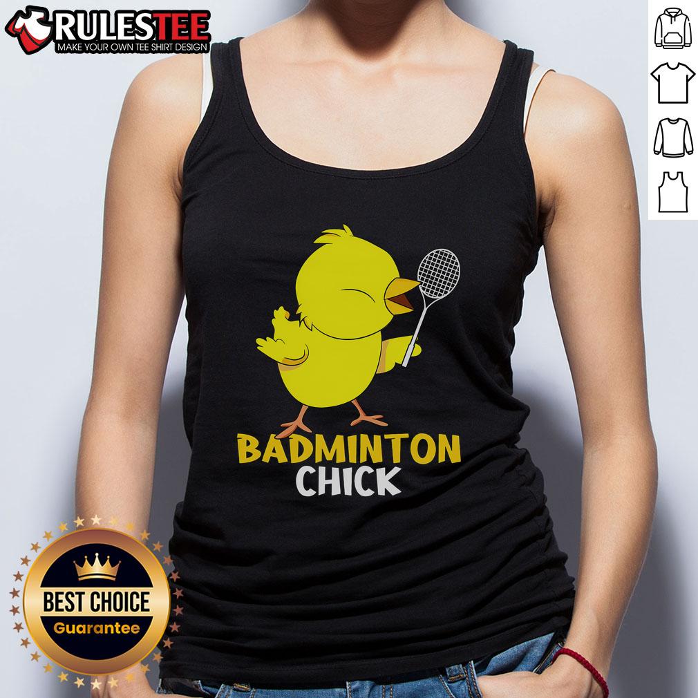 Alt Text: Cute badminton chick tank top featuring a colorful cartoon chicken birdie design for sports lovers.