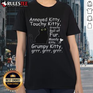 Annoyed black cat with a grouchy expression, perfect for cute kitty lovers on a stylish ladies tee.