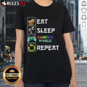 Alt Text: Cute Eat Sleep Dandy World Repeat gaming saying meme on a ladies tee, perfect for gamers and meme lovers.