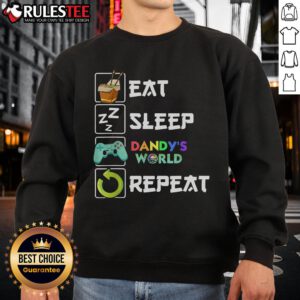 Cute Eat Sleep Dandy World Repeat gaming saying meme sweatshirt design featuring vibrant colors and playful text.