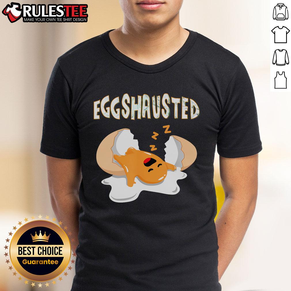 Alt Text: Cute 'Eggshausted' T-shirt featuring a sleeping fried egg, perfect for Easter egg hunts and fun egg-themed outfits.