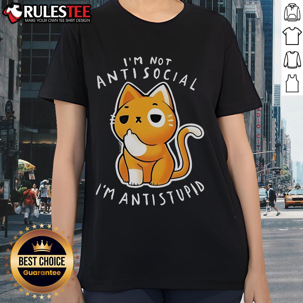 Cute 'I'm Not Antisocial, I'm Antistupid' ladies tee in vibrant colors, perfect for casual outings and expressing personality.