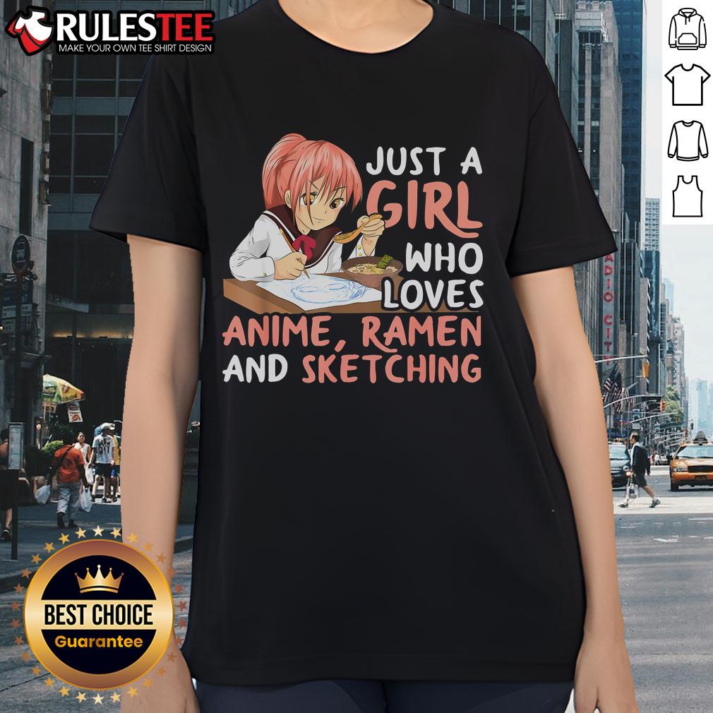 Cute girl graphic tee featuring anime, ramen, and sketching design for anime lovers.