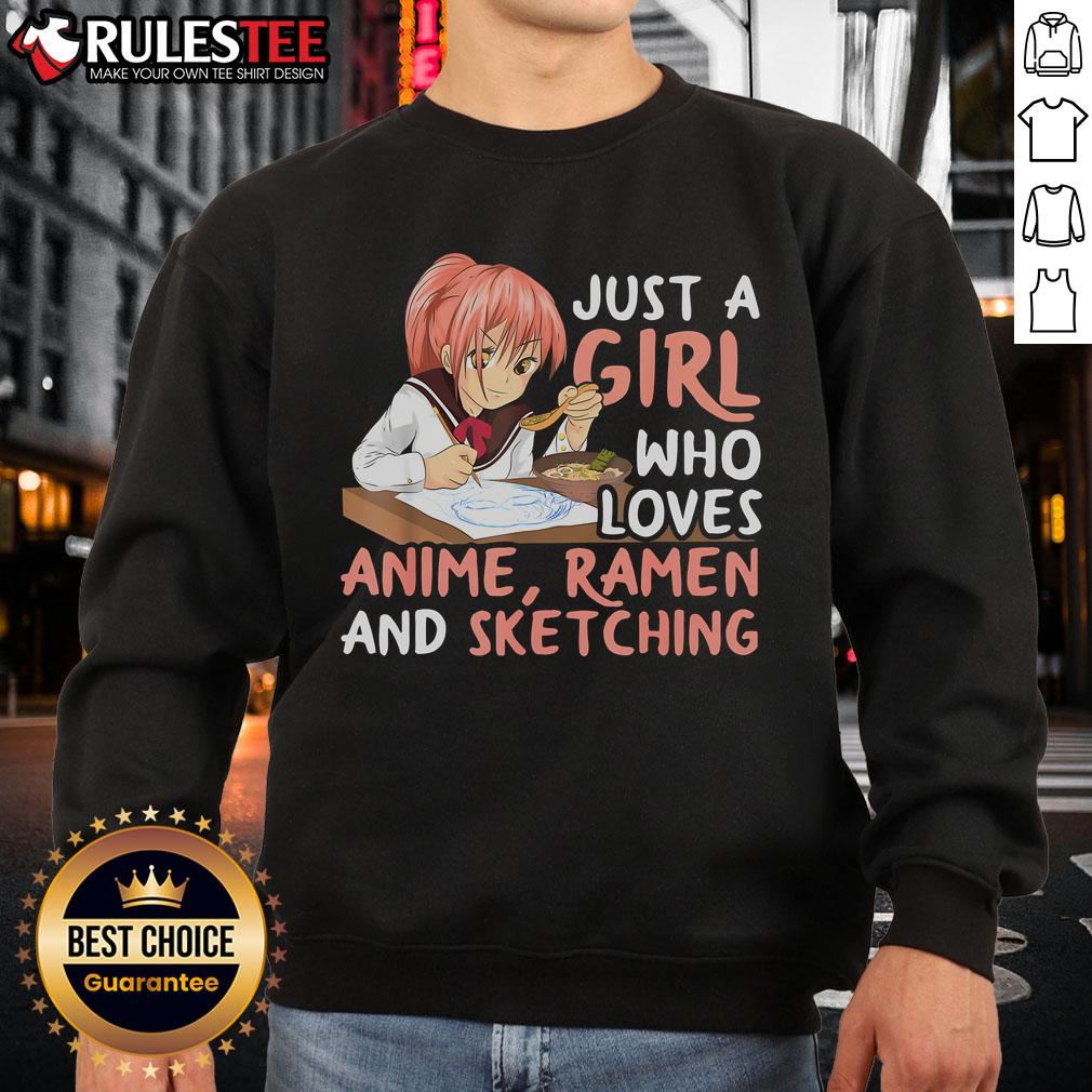 Alt Text: Cute girl wearing a Just A Girl Who Loves Anime, Ramen, and Sketching sweatshirt, surrounded by anime art and ramen bowls.