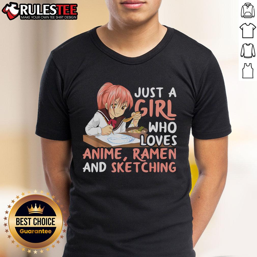 Alt Text: Cute Just A Girl Who Loves Anime, Ramen, and Sketching T-Shirt design featuring colorful graphics and playful text.