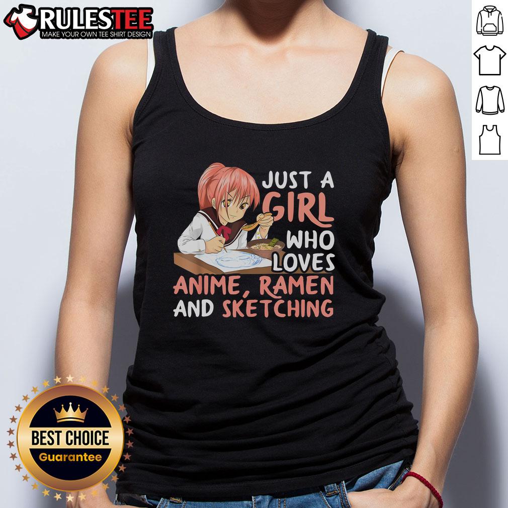 Alt Text: Cute girl wearing a tank top that says Just a girl who loves anime, ramen, and sketching in a colorful design.