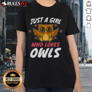 Cute Just A Girl Who Loves Owls tee for nature lovers, featuring a whimsical owl design perfect for bird enthusiasts.