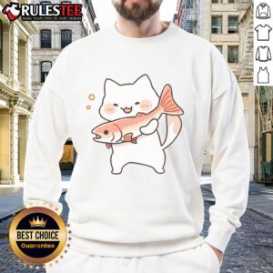 Cute kawaii happy cat wearing a salmon fish sweatshirt, perfect for cat lovers and fashion enthusiasts.