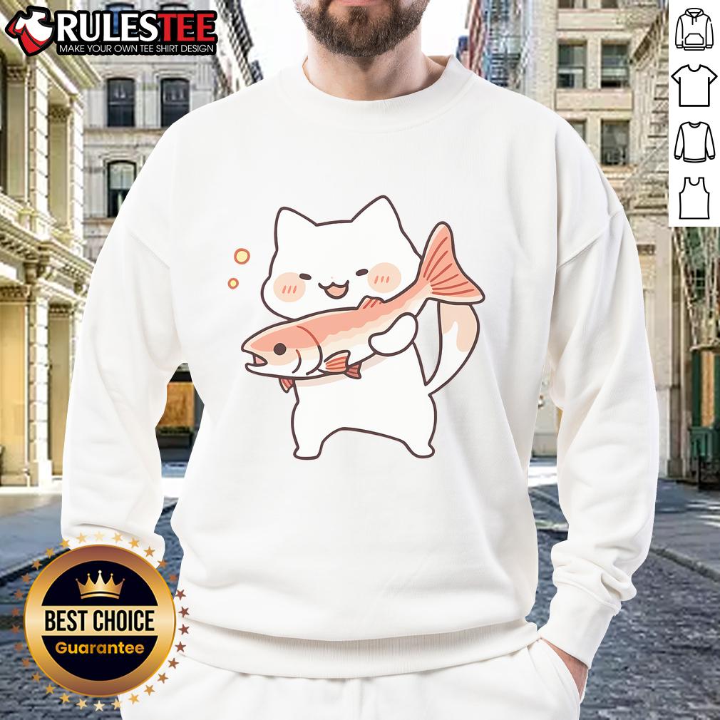 Cute kawaii happy cat wearing a salmon fish sweatshirt, perfect for cat lovers and fashion enthusiasts.