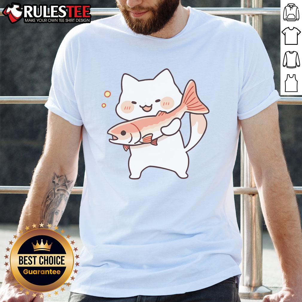 Alt Text: Cute kawaii happy cat wearing a salmon fish t-shirt, showcasing playful design and vibrant colors for cat lovers.