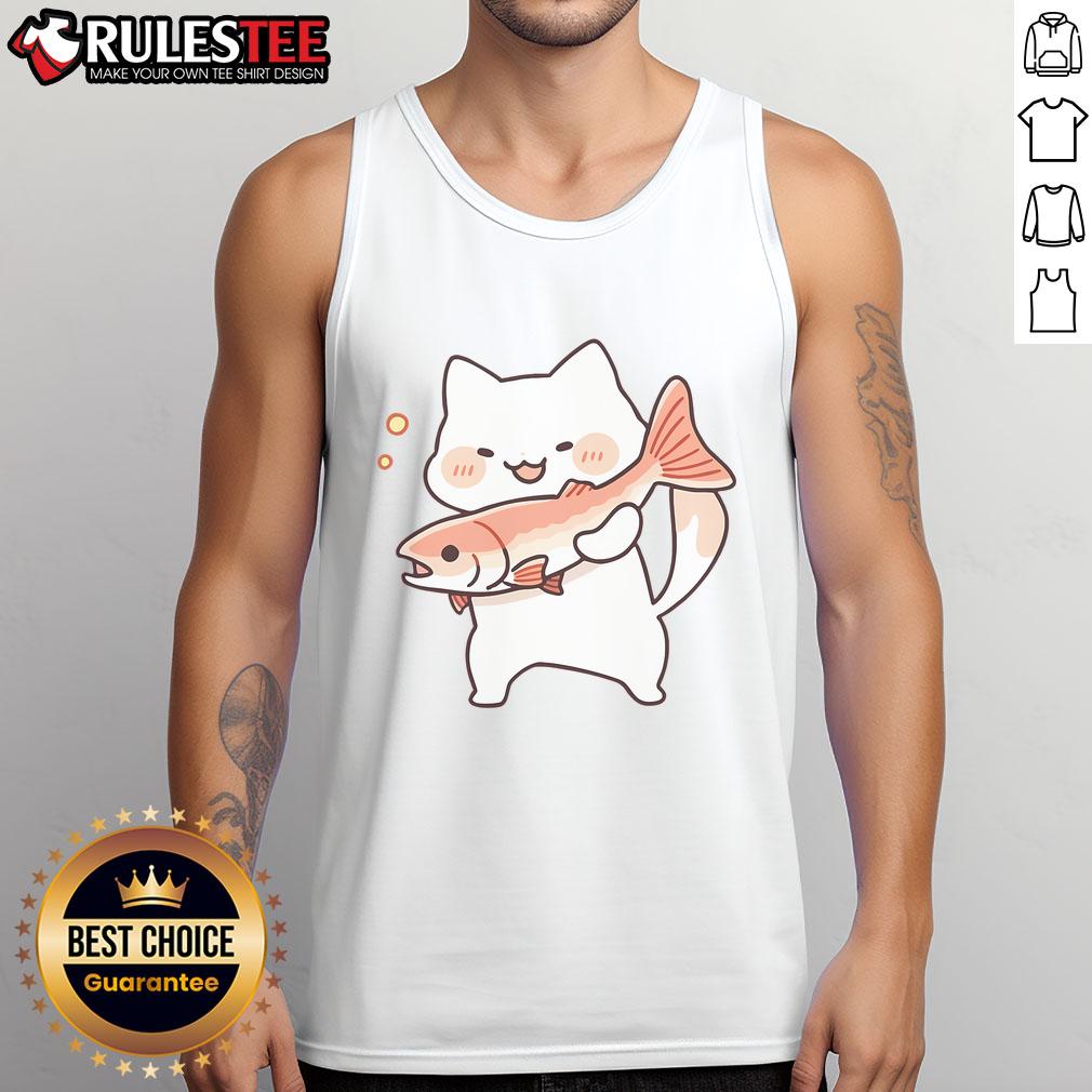 Cute kawaii happy cat wearing a salmon fish tank top, showcasing adorable style and personality.