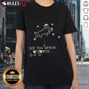Adorable space-themed dog graphic on a cute ladies tee featuring a whimsical boy in a cosmic setting.