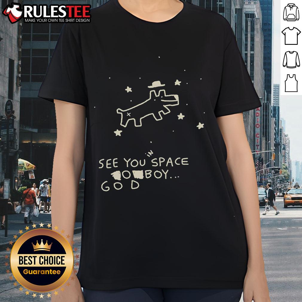 Adorable space-themed dog graphic on a cute ladies tee featuring a whimsical boy in a cosmic setting.