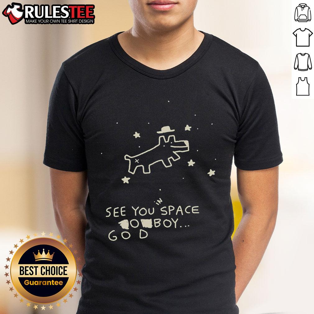Adorable dog wearing a 'Cute Space God Boy' T-shirt, showcasing vibrant colors and a playful design for pet lovers.