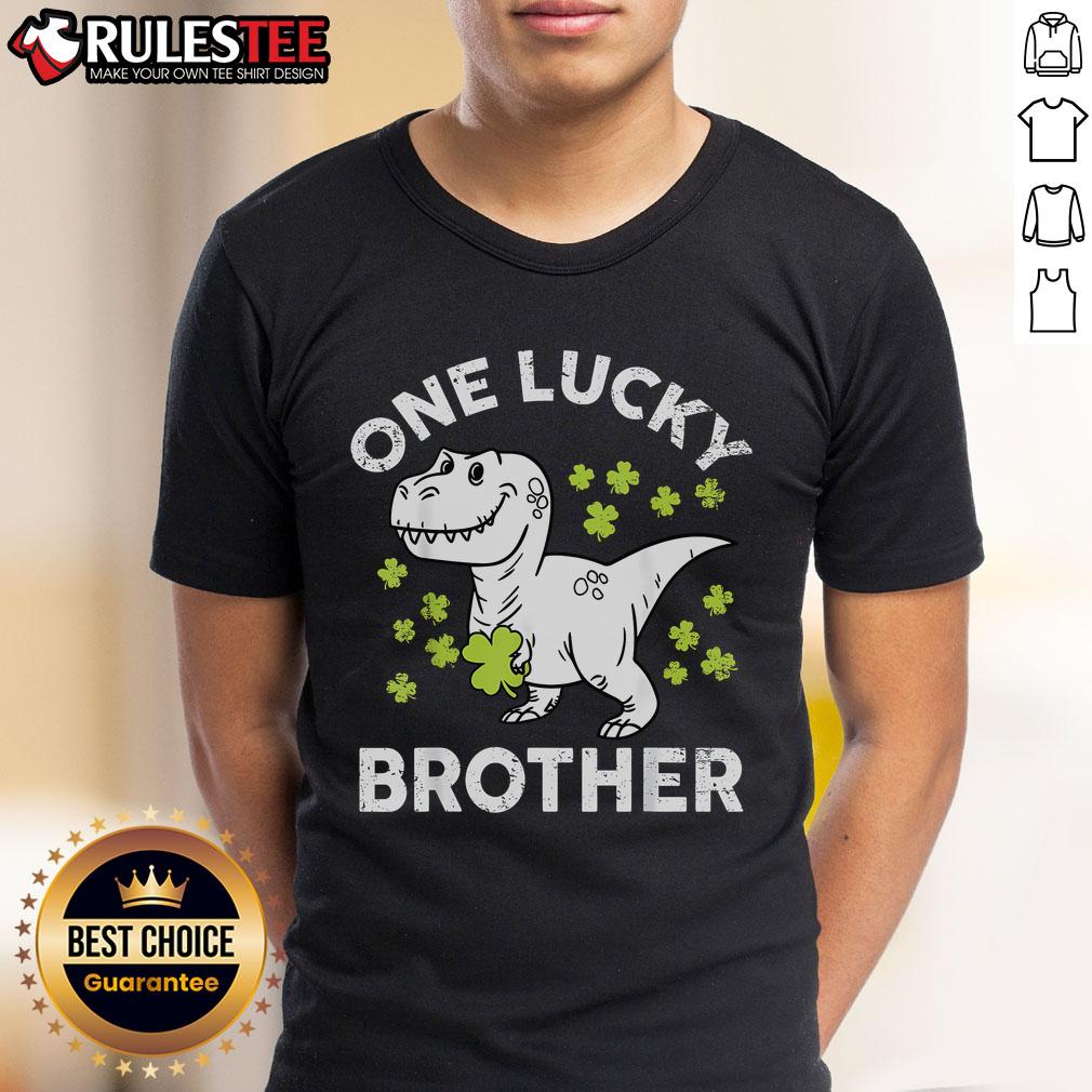 Alt Text: Cute St. Patrick's Day One Lucky Brother Irish T-Rex Dinosaur T-Shirt design featuring a cheerful green T-Rex.
