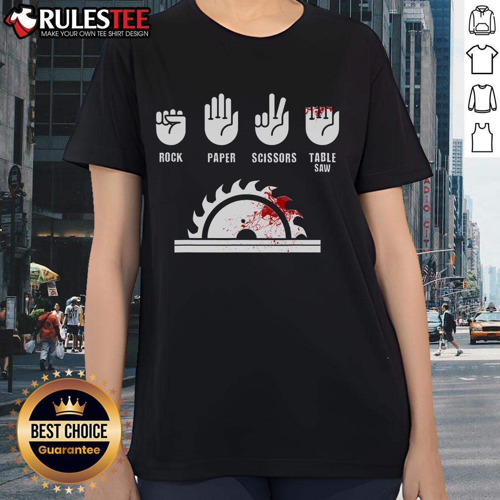 Alt Text: Funny Carpenter Rock Paper Scissors Table Saw graphic on a stylish ladies tee, perfect for woodworking enthusiasts.