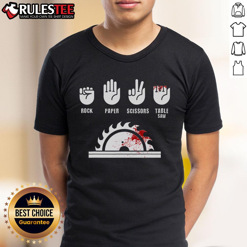 Funny Carpenter Rock Paper Scissors Table Saw T-Shirt featuring a humorous design for woodworking enthusiasts.